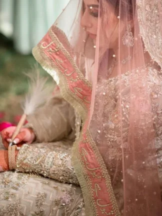 Pink Veil Net for Pakistani Wedding Nikkah Dupatta with Urdu Calligraphy US