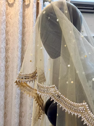 Gold Beaded Bridal Dupatta Handmade Wedding Veil with Pearl & Sequin US