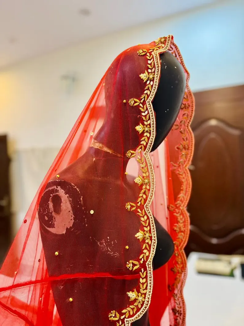 Premium Nikkah Bridal Net Dupatta Hand-Embroidered US
