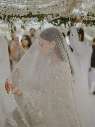 White Bridal Veil - Pearls Beaded & Sequins Wedding Dupatta US