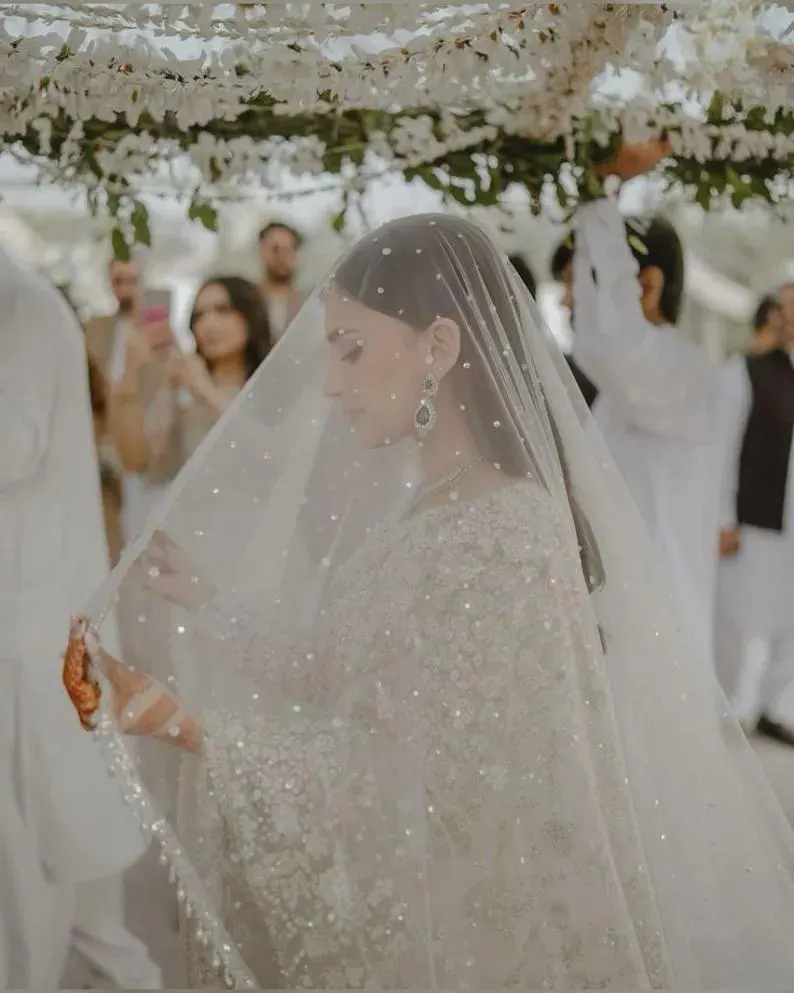 White Bridal Veil - Pearls Beaded & Sequins Wedding Dupatta US