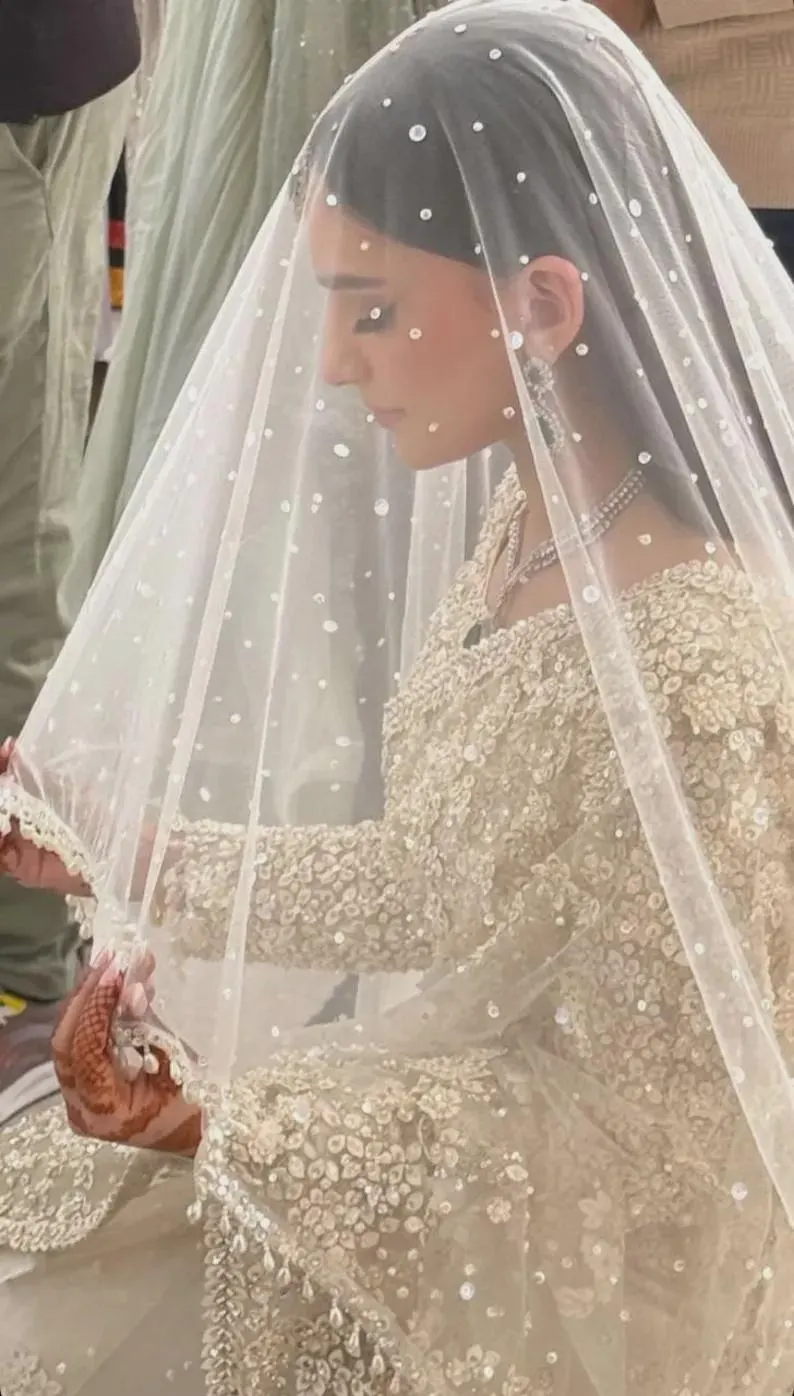 White Bridal Veil - Pearls Beaded & Sequins Wedding Dupatta US