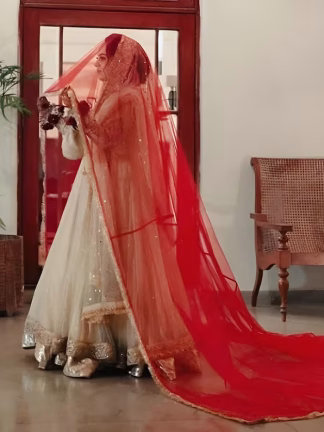 Custom Red Bridal Nikkah Dupatta, Kiran Lace - Wedding Veil Trail US