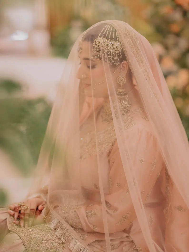 Peach Nikkah Dupatta | Embroidered Muslim Bridal Veil US