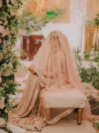 Peach Nikkah Dupatta | Embroidered Muslim Bridal Veil US