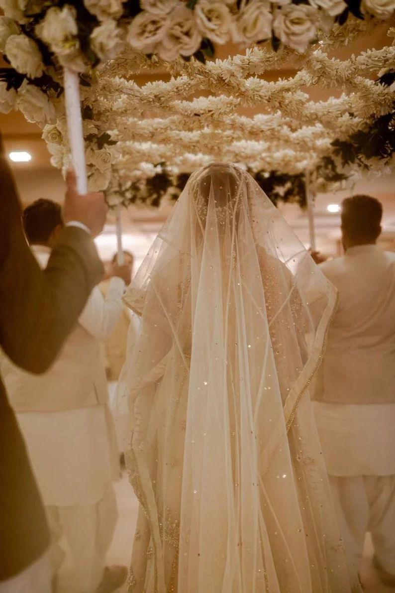 Pakistani Wedding Veil Soft Net Dupatta with Pearl & Sequine US
