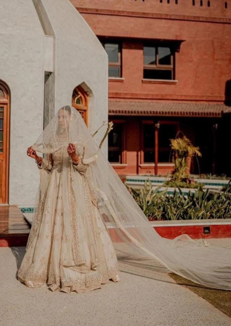Pakistani Wedding Veil Soft Net Dupatta with Pearl & Sequine US