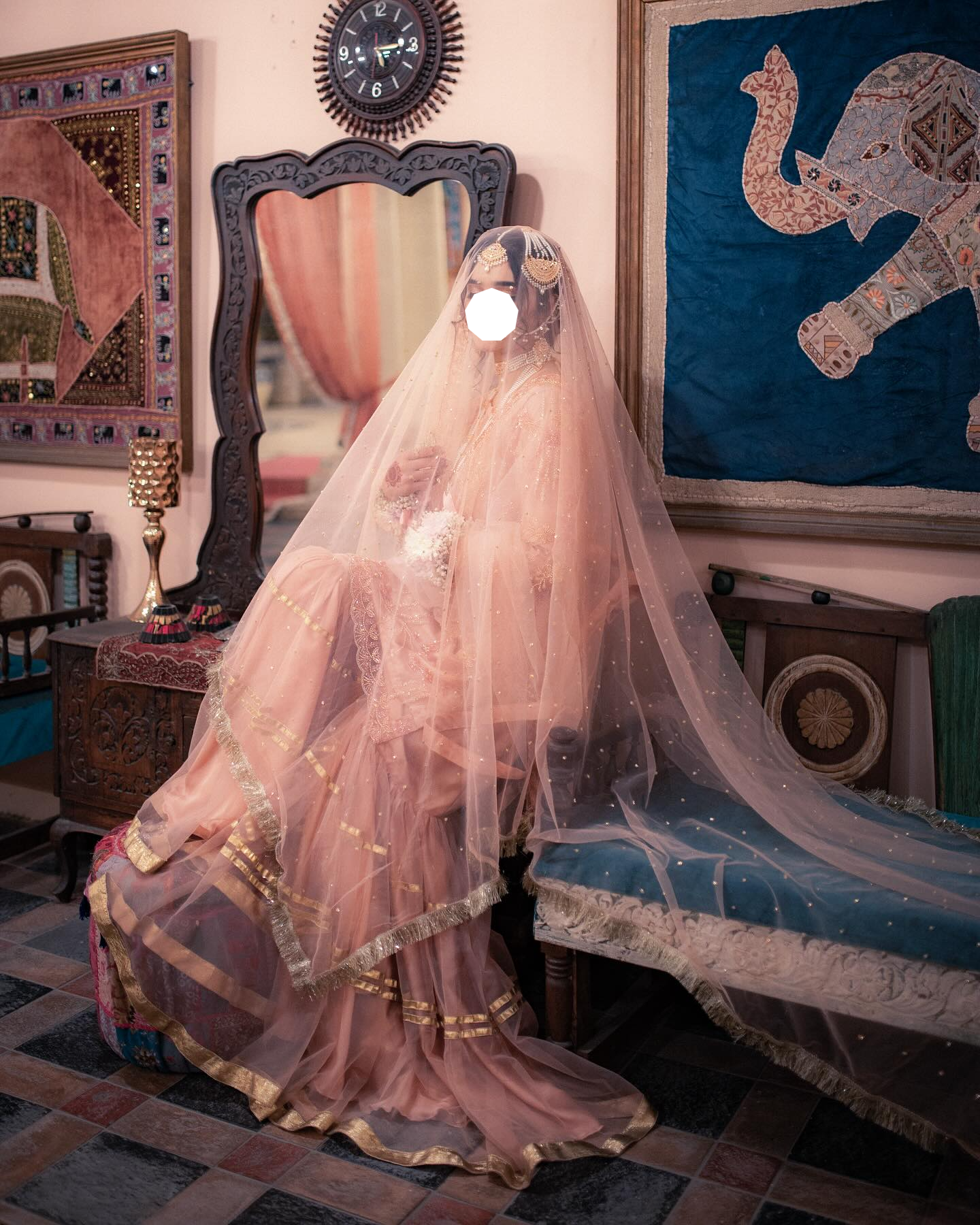 Minimal Peach Bridal Net Dupatta Pakistani Nikkah Wedding Veil US