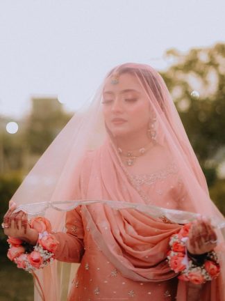 Handmade Peach Bridal Veil Embroidered Net Dupatta US