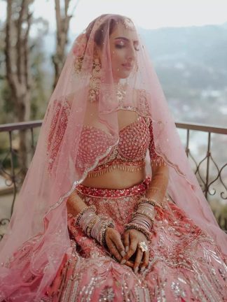 Handmade Pink Bridal Embroidered Dupatta with Sequins US